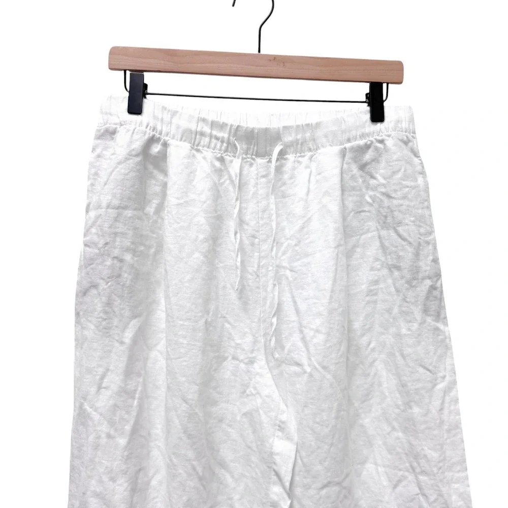 Zara White Linen Wide Leg Drawstring Pants Large Relaxed Beach Trousers Size L